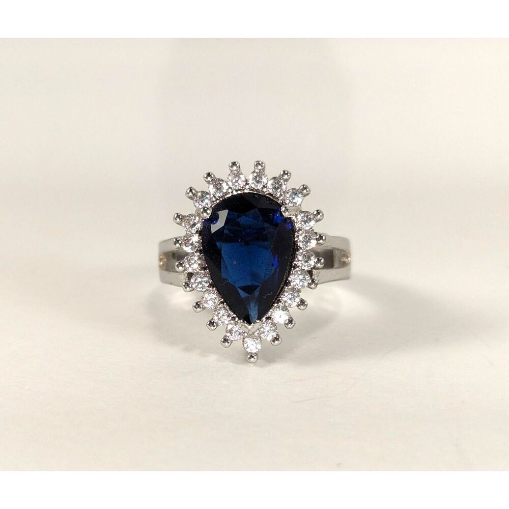 Teardrop Sapphire Blue and Clear Rhinestone Ring Size 7.25